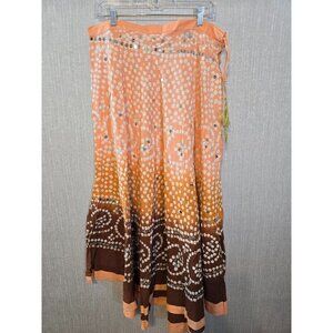 Raj Indian Bandhani Print Skirt With Mirrorwork Cotton Drawstring Waist One Size